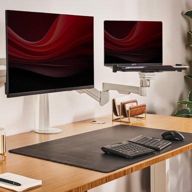 Improves posture, reduces eye strain, and frees up valuable desktop space. Shown with a Range-X Dual Monitor Arm (sold separately)