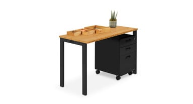 Seated Height 4-Leg Table with Bamboo Desk Organizer and file cabinet, a great small office table setup