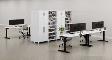 White MoPac Storage Wall 7 Configuration with matching White Laminate UPLIFT Desks