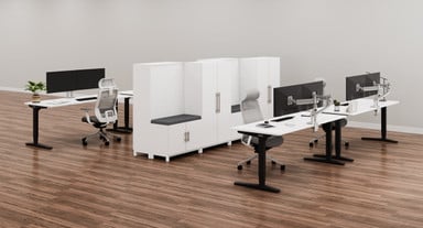 White MoPac Storage Wall 8 Configuration with matching White Laminate UPLIFT Desks