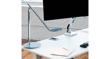 Made of polished aluminum and highly recycled and recyclable content with polyethylene (PE) film on the head and base instead of paint