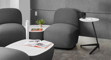 Greenguard certified MDF top with a water-based lacquer finish, black powder coated steel leg, and aluminum base