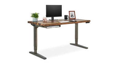 Pheasantwood Live Edge Solid Wood UPLIFT Desk with Industrial Style Frame and matching Slim Under Desk Shelf