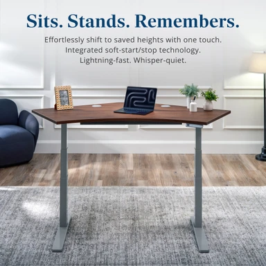 Sits. Stands. Remembers. Effortlessly shift to saved heights with one touch. Integrated soft-start/stop technology. Lightning-fast. Whisper-quiet