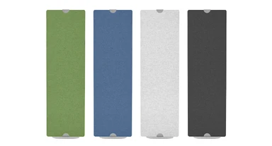 Freestanding Acoustic Privacy Panels shown in Eucalyptus, Dark Blue, Light Gray and Dark Gray