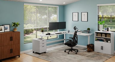  White Laminate L-Shaped V2-Commercial Standing Desk with white 3-Drawer File Cabinet