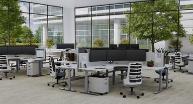 L-Shaped Desks with gray 2-Drawer and 3-Drawer File Cabinets
