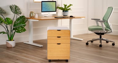 Clean lines and natural bamboo offer sophisticated storage for the modern workspace