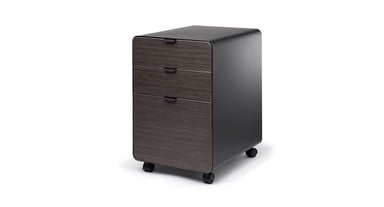 Black 3-Drawer File Cabinet with Greenguard-Gold certified ash gray laminate Drawer Fronts