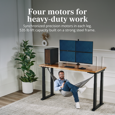 Four motors for heavy-duty work. Synchronized precision motors in each leg. 535 lb lift capacity built on a strong steel frame