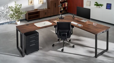 Expansive L-shaped surface is supported by a robust O-leg frame for a blend of function and style