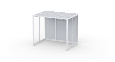 A 6' x 9' UPLIFT Spaces Cove configuration with white frame, ceiling baffles, and combination of full glass and full PET acoustic panels