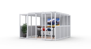 Create a space for presentations and in-depth problem solving sessions. 12' x 12' UPLIFT Spaces Room shown with white frame, split PET and glass panels, and light gray ceiling baffles featuring Rivervue barstools and a 4-Leg Standing Desk