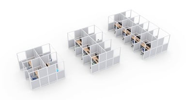 Modular construction makes for convenient and near-effortless expansion as your team grows. UPLIFT Spaces Wall System Focus Spaces shown in various dual-row configurations with white frame, and split panels.  Optional ceiling baffles not installed.