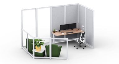 Contact us to create a space with a unique aesthetic utilizing half-height walls and 120° angles. Shown with a 72" wide 2-leg standing desk, Envoke Ergonomic Chair, and Dillo lounge seating 