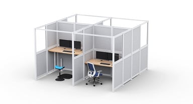 UPLIFT Spaces Focus configurations provide clusters of quiet alcoves for focused work. Shown with a white frame, split wall panels, Envoke Ergonomic Chair in Cobalt blue, Crescent Stool in Turquoise, and UPLIFT Desk 2-leg standing desks 