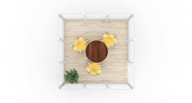 Top view of UPLIFT Spaces room in a 9' x 9' Room configuration with Capisco chairs around an UPLIFT Height Adjustable Bistro Table with 36” Colombian Walnut tabletop