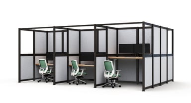 UPLIFT Spaces Focus Spaces configuration shown in a 3 x 3 pattern, with slate frame and split glass/acoustic PET panels in light gray. Desks shown with UPLIFT Desk bamboo desktop on a 2-leg standing desk, Zilker dual monitor arms, and Envoke ergonomic chairs in Sage green