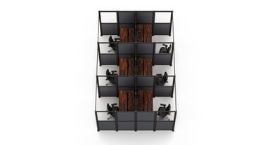 Dual-row Triple Cube Focus Spaces with slate frames and split wall panels. 2-leg standing desks with 60” x 30” Walnut laminate desktops, Zilker Dual Monitor Arms, and Intuition Ergonomic Chairs