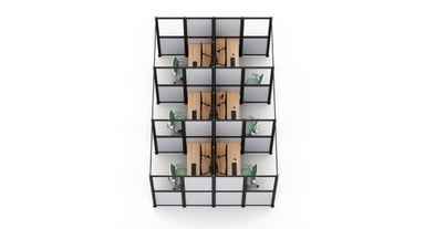 Dual-row Triple Cube Focus Spaces with slate frames and split wall panels. 2-leg standing desks with 60” x 30” bamboo desktops, Zilker Dual Monitor Arms, and Envoke Ergonomic Chairs in Sage green