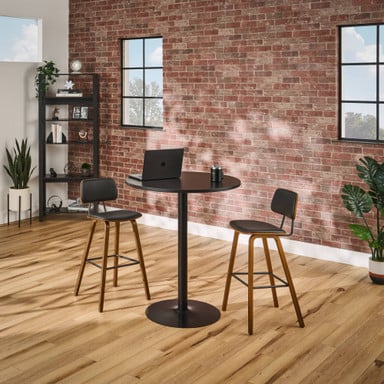 Two Kerbey Barstools by UPLIFT Desk in Dark Oak at a bar-height Cafe Table