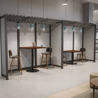 Pair the Spaces Wall System with Cafe Tables and Kerbey seating to create small meeting spaces