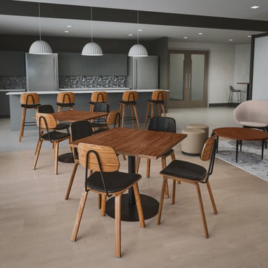 Kerbey Chairs in Dark Oak bring modern style to breakrooms, cafeterias, and lounges