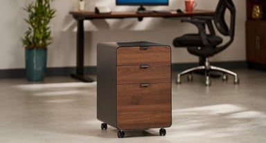 3-Drawer File cabinet by UPLIFT Desk featuring walnut laminate drawer fronts