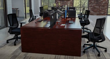 UPLIFT Standing Desks with Figured Mahogany desktops and Gallery Panels that connect directly to the UPLIFT Power & Data Rail posts
