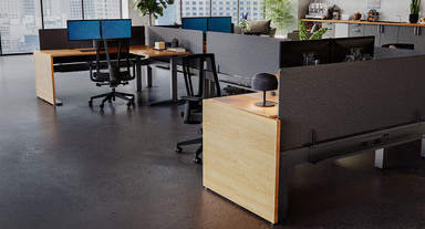Conceal clutter and personal items beneath desks, keeping them out of sight. Material shown: Fusion Maple
