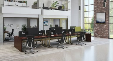 Delivers a cohesive finish across connected desks. Material shown: Figured Mahogany