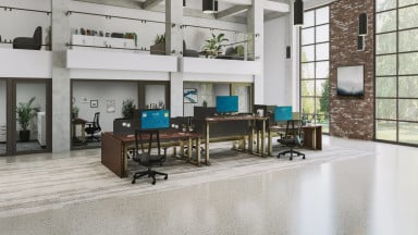 Delivers a cohesive finish across connected desks. Material shown: Figured Mahogany
