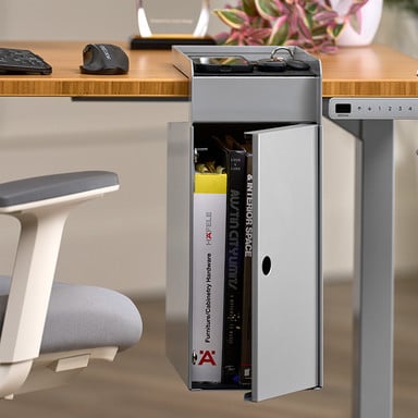 The optional hinged door conceals stored items