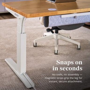 Snap the Magnetic Cable Channel onto a desk leg and get back to work in the same minute