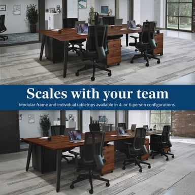 4 to 6 Person Table by UPLIFT Desk featuring various desk accessories, storage solutions and Clarksville Ergonomic Chairs