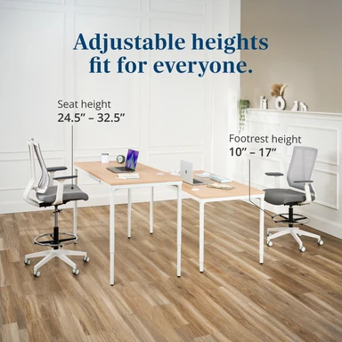 The Clarksville Drafting Chair seat height adjusts from 24.5” to 32.5” with a footrest that adjusts to meet your comfort needs