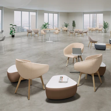 A low 16.5″ seat height and generous proportions make the Rivervue Arm Chair the natural gathering point of any lobby, lounge, or breakout space