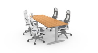 Seat up to six people with an 80" x 30" desktop, shown here with the older V2 frame and bamboo desktop.