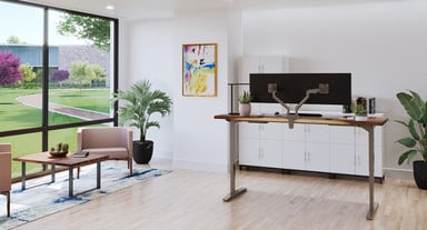 Black E3 Desk Lamp atop a 80" x 30" Saman Solid wood Standing Desk