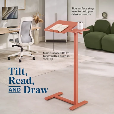 Tilt it up for reading or sketching, with a steel lip to hold your pages and a level side for your coffee