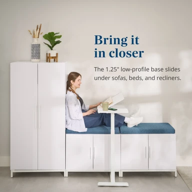 The low-profile base slides under the furniture so your work comes to you, not the other way around