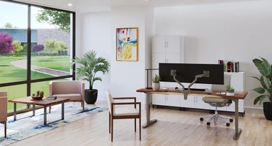 Industrial Style Zilker Dual Monitor Arm attached to an 80" x 30" Saman Solid Wood Standing Desk