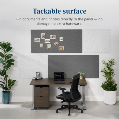 Acoustic Wall Panels double as a bulletin board to personalize your desk with reminders, family photos, and more