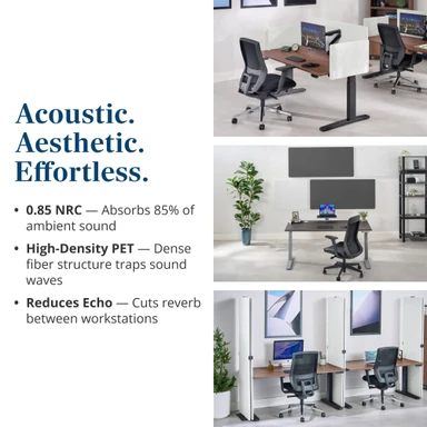 Sound is absorbed at the desk and across the room with UPLIFT Desk acoustic panels