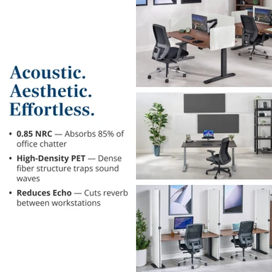 Sound is absorbed at the desk and across the room with UPLIFT Desk acoustic panels
