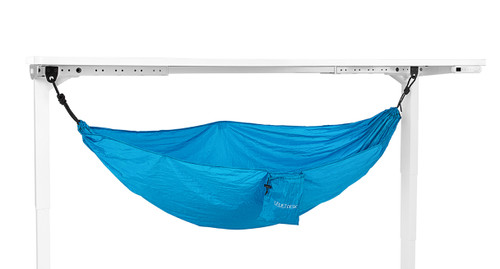 The Under Desk Hammock attaches to the desk frame using anchor plates, which easily install using our patented mounting point system