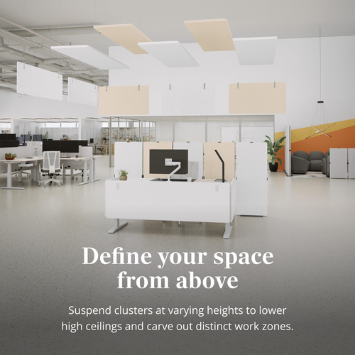 Rectangular Acoustic Hanging Panels help create distinct work zones and dampen noise in open offices