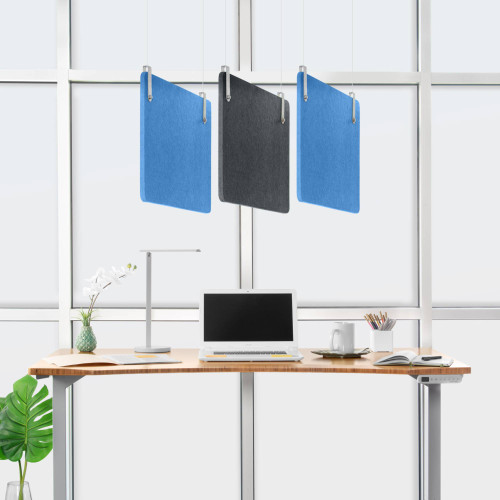 Pair contrasting acoustic panel colors overhead for a quieter workspace that still stands out