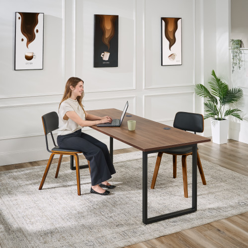 The Seated Height O-Leg Table pairs perfectly with Kerbey Chairs