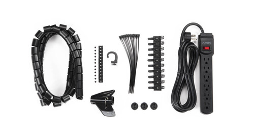 Kit comes with a basic surge protector, 12 screw-in cable mounts, 12 reusable cable ties, 10 adhesive cable mounts, three cable management clips, cable organizer, accessory hook, and hardware